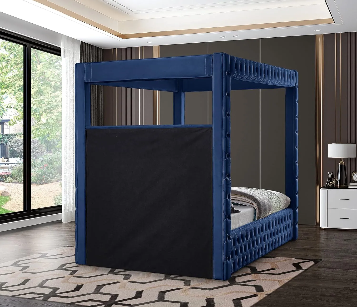 Meridian Furniture RoyalNavy-K Royal Collection Modern | Contemporary Velvet Upholstered King Bed with Soft Navy Velvet, Deep Elegant Tufting, Canopy, 86.5" W x 89" D x 87" H, Navy, King