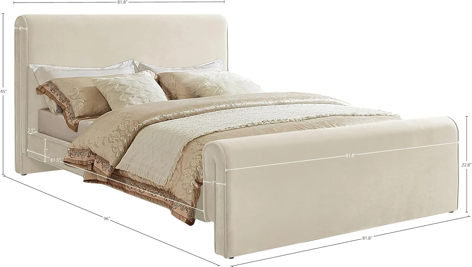 Meridian Furniture SloanCream-K Sloan Collection Modern | Contemporary Velvet Upholstered King Bed with Rich Soft Cream Velvet, Curved Headboard and Footboard, 82" W x 96" D x 45" H, Cream, King