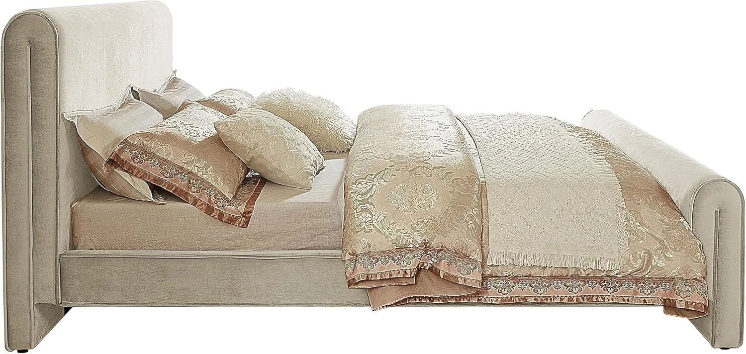 Meridian Furniture SloanCream-K Sloan Collection Modern | Contemporary Velvet Upholstered King Bed with Rich Soft Cream Velvet, Curved Headboard and Footboard, 82" W x 96" D x 45" H, Cream, King