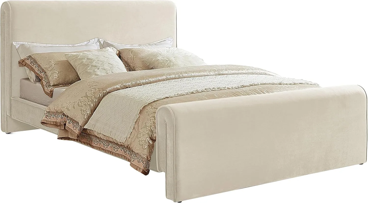 Meridian Furniture SloanCream-K Sloan Collection Modern | Contemporary Velvet Upholstered King Bed with Rich Soft Cream Velvet, Curved Headboard and Footboard, 82" W x 96" D x 45" H, Cream, King