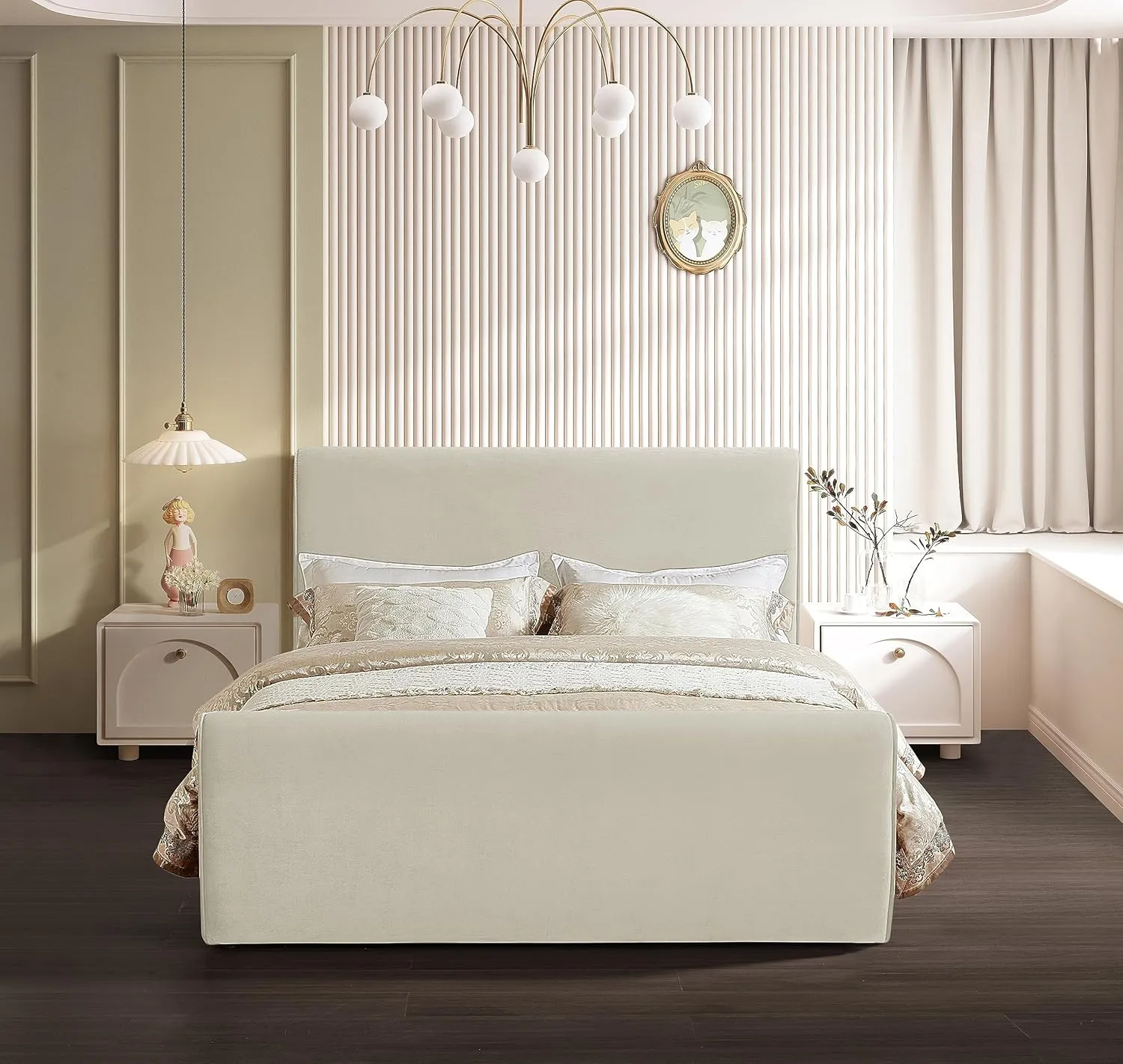 Meridian Furniture SloanCream-K Sloan Collection Modern | Contemporary Velvet Upholstered King Bed with Rich Soft Cream Velvet, Curved Headboard and Footboard, 82" W x 96" D x 45" H, Cream, King