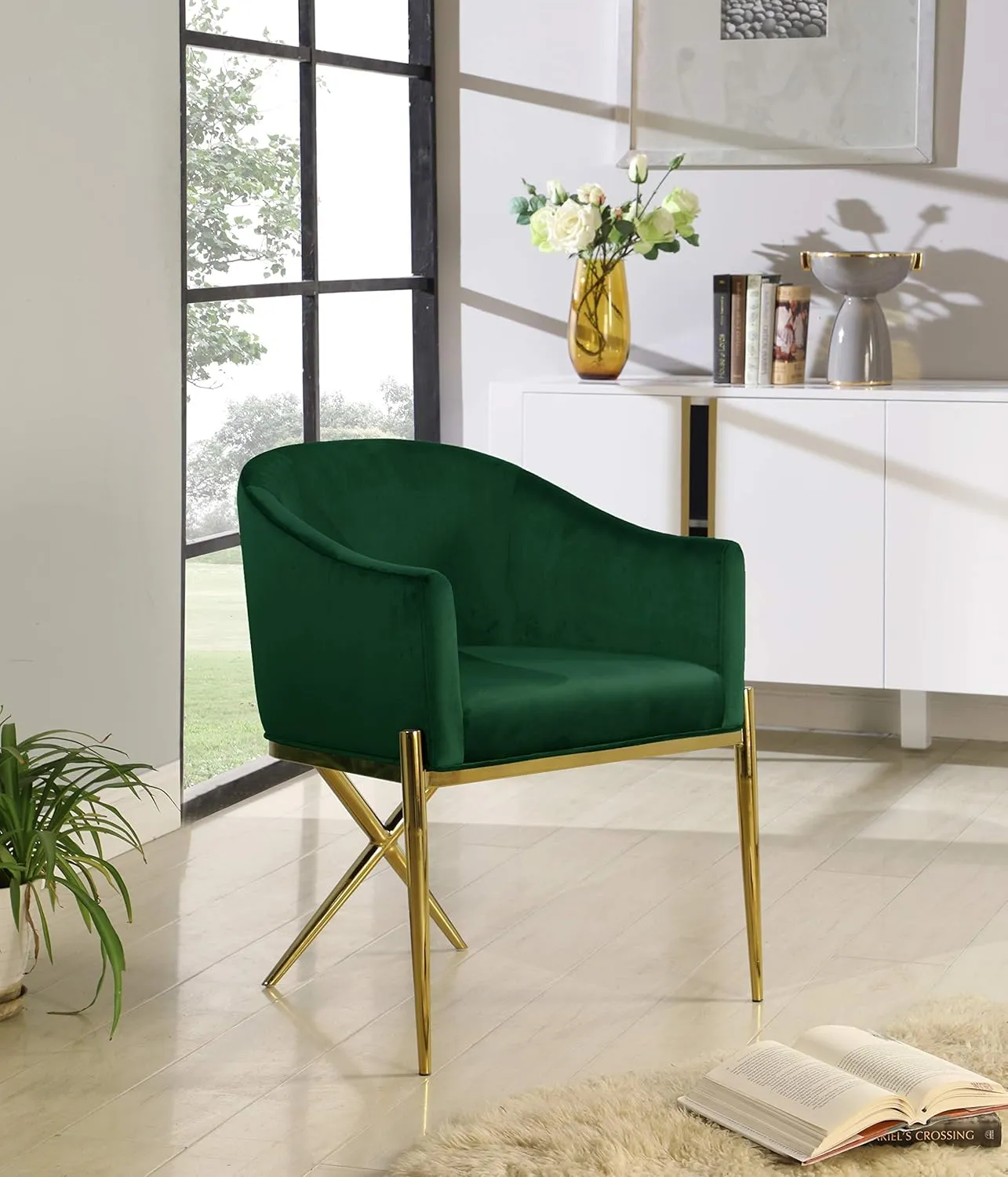 Meridian Furniture Xavier Collection Modern | Contemporary Velvet Upholstered Dining Chair with Sturdy Steel X Shaped Legs, 25.5" W x 24.5" D x 31.5" H, Green