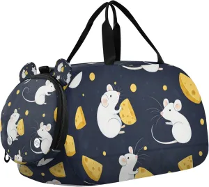 Mice and Yellow Cheese Sports Duffle Bag for Teens Girls Boys, Gym Bag with Shoe Compartment, Kids Travel Overnight Weekender Shoulder Bag