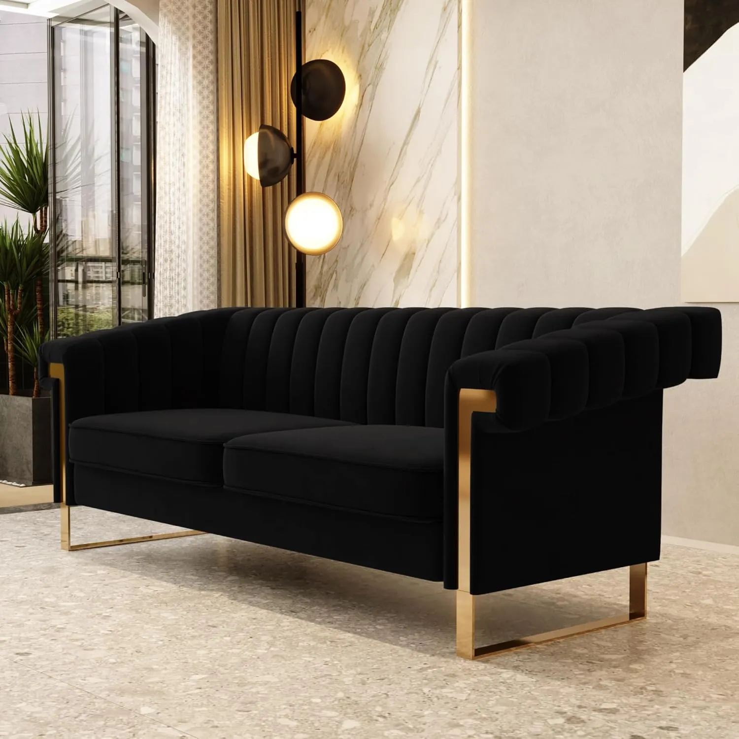 Mid-Century Modern Black Velvet Sofa with Gold Metal Legs, 83.86" Luxury Chesterfield Comfy Couches for Living Room (Velvet, Black)