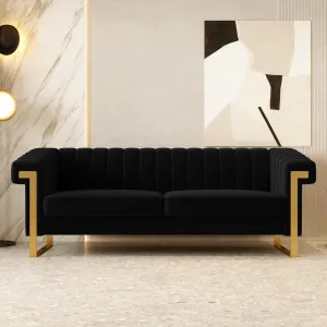 Mid-Century Modern Black Velvet Sofa with Gold Metal Legs, 83.86" Luxury Chesterfield Comfy Couches for Living Room (Velvet, Black)