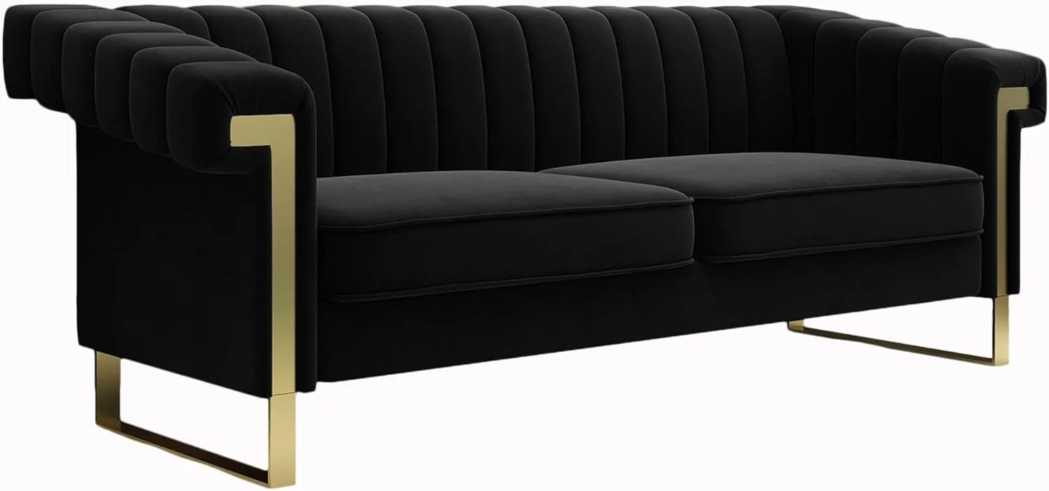 Mid-Century Modern Black Velvet Sofa with Gold Metal Legs, 83.86" Luxury Chesterfield Comfy Couches for Living Room (Velvet, Black)