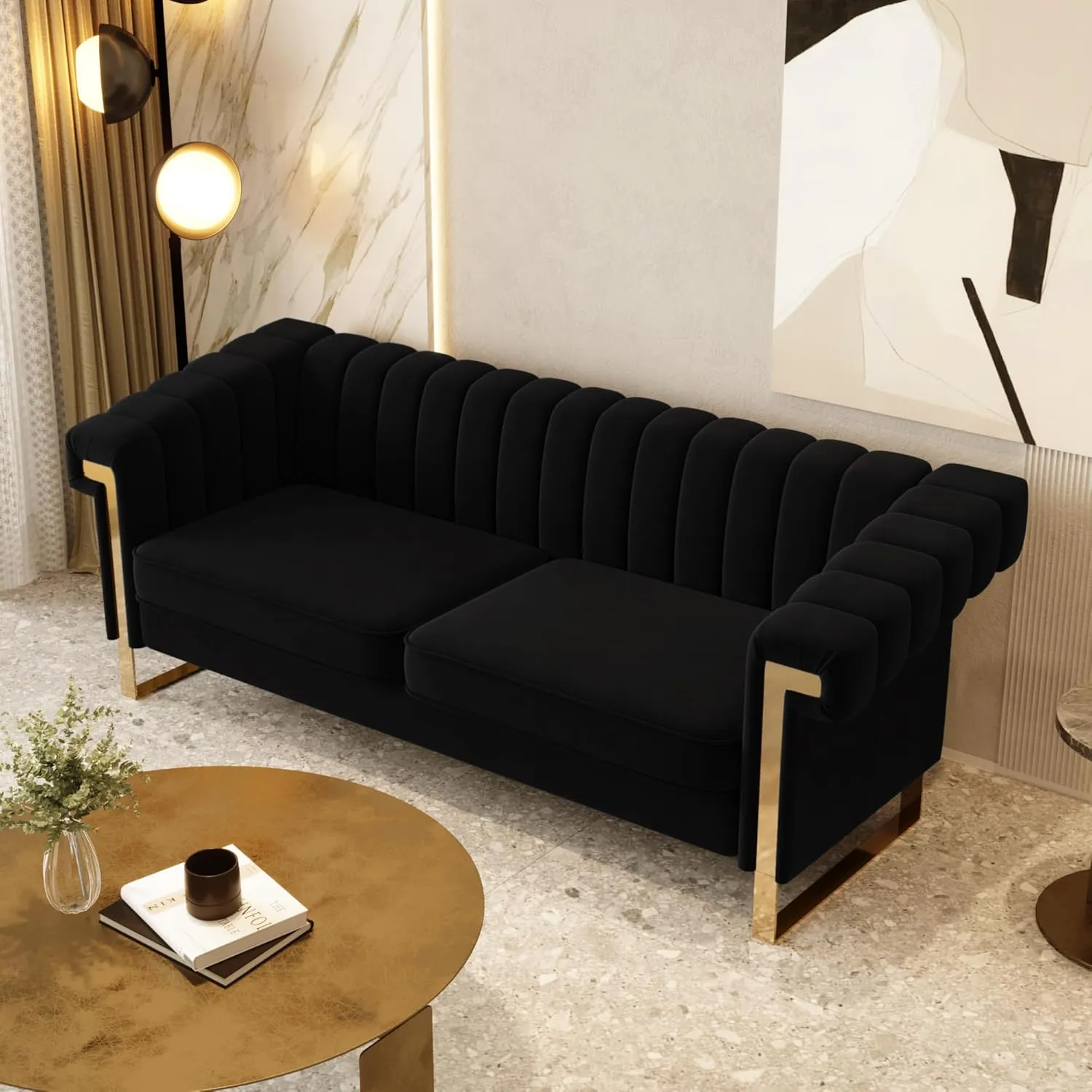 Mid-Century Modern Black Velvet Sofa with Gold Metal Legs, 83.86" Luxury Chesterfield Comfy Couches for Living Room (Velvet, Black)