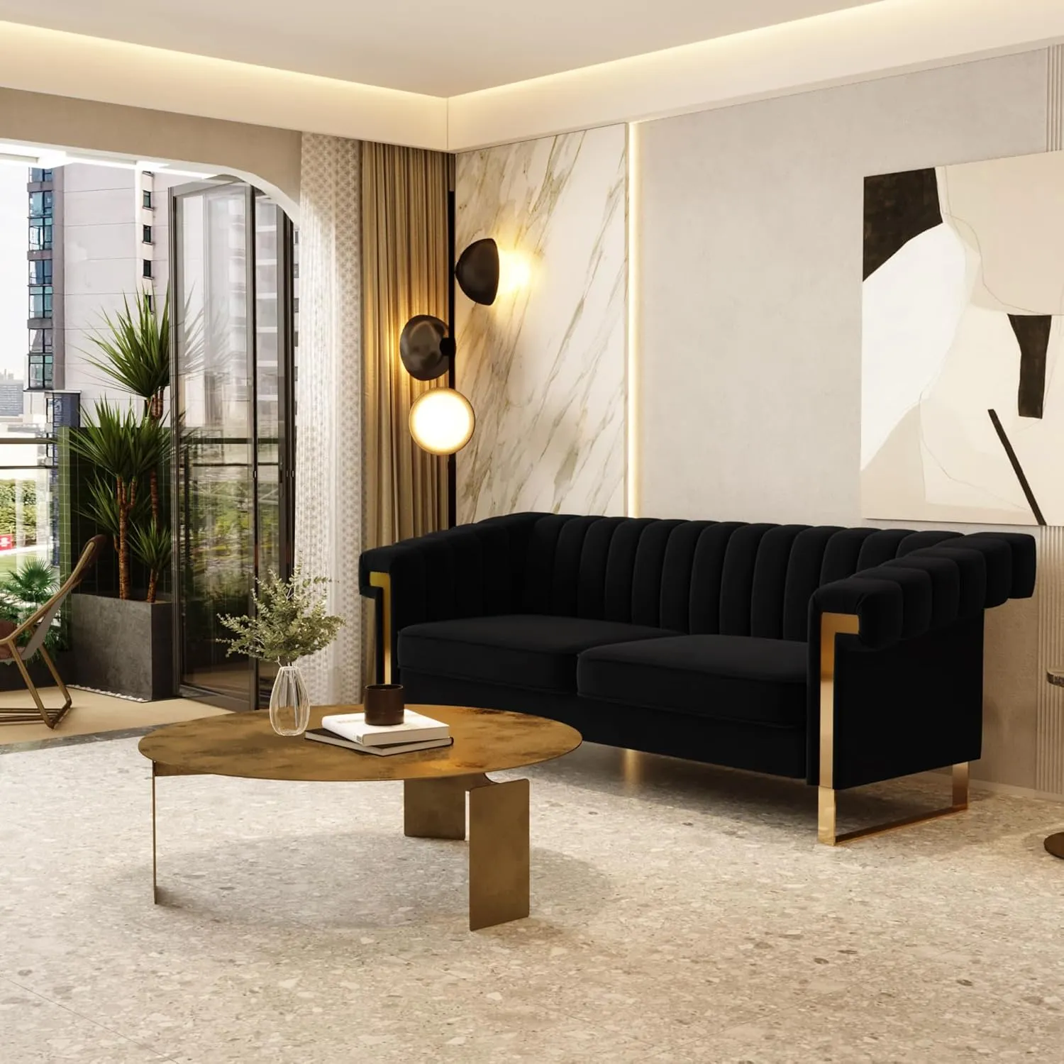 Mid-Century Modern Black Velvet Sofa with Gold Metal Legs, 83.86" Luxury Chesterfield Comfy Couches for Living Room (Velvet, Black)