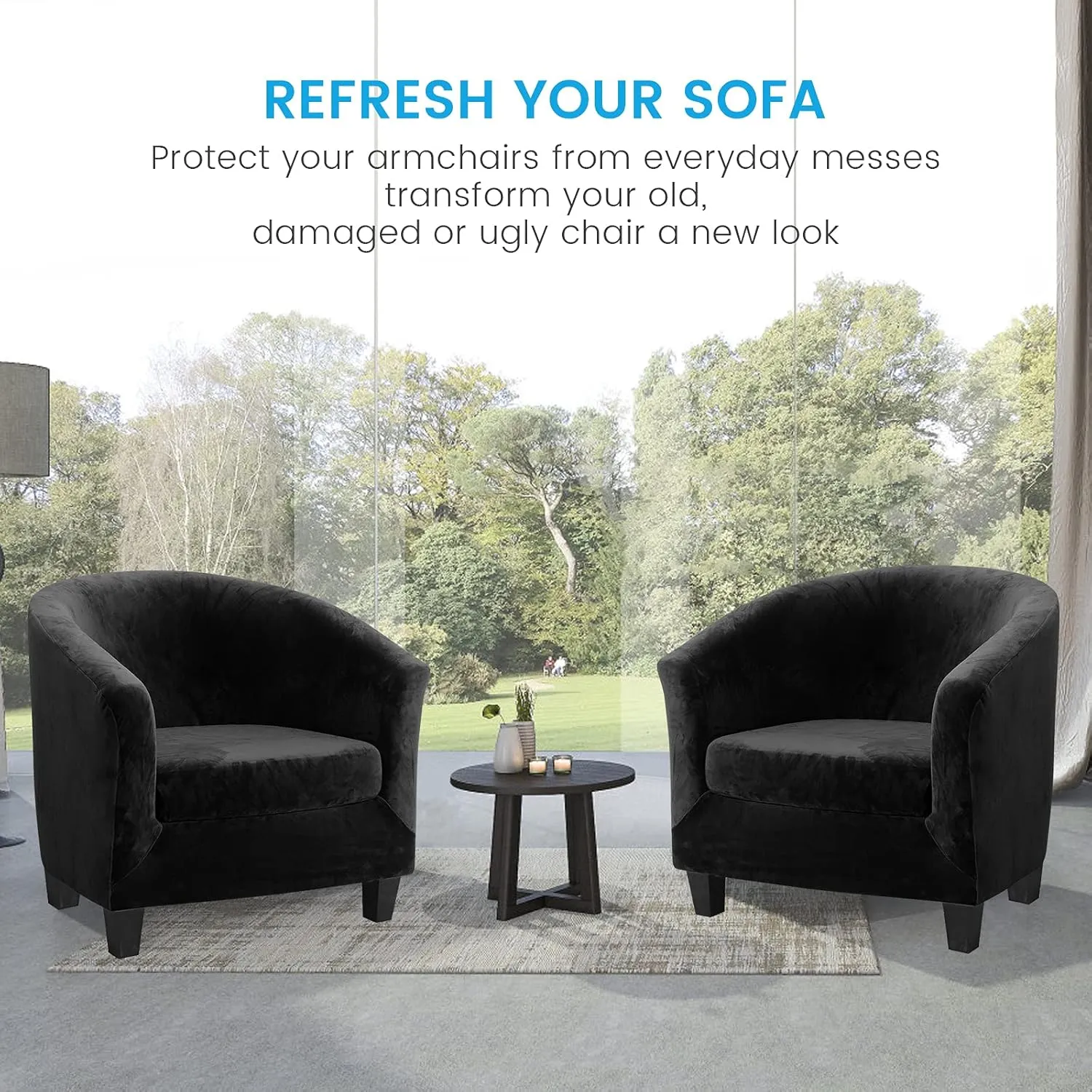 MIFXIN 2 Pieces Velvet Tub Chair Covers with Cushion Cover Stretch Soft Removable Tub Chair Slipcovers Armchair Sofa Couch Furniture Protector for Living Room Club Bar Counter (Black)