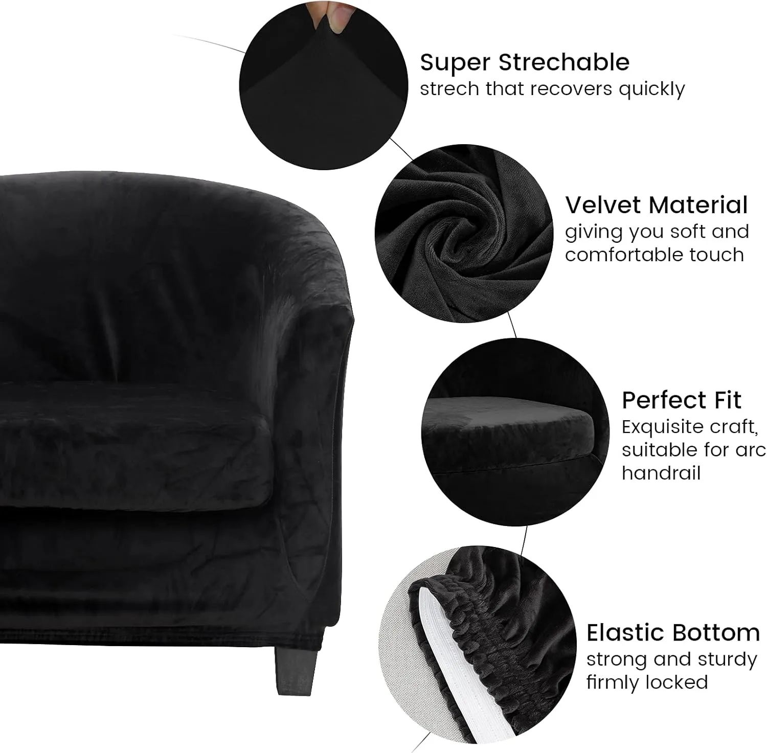 MIFXIN 2 Pieces Velvet Tub Chair Covers with Cushion Cover Stretch Soft Removable Tub Chair Slipcovers Armchair Sofa Couch Furniture Protector for Living Room Club Bar Counter (Black)