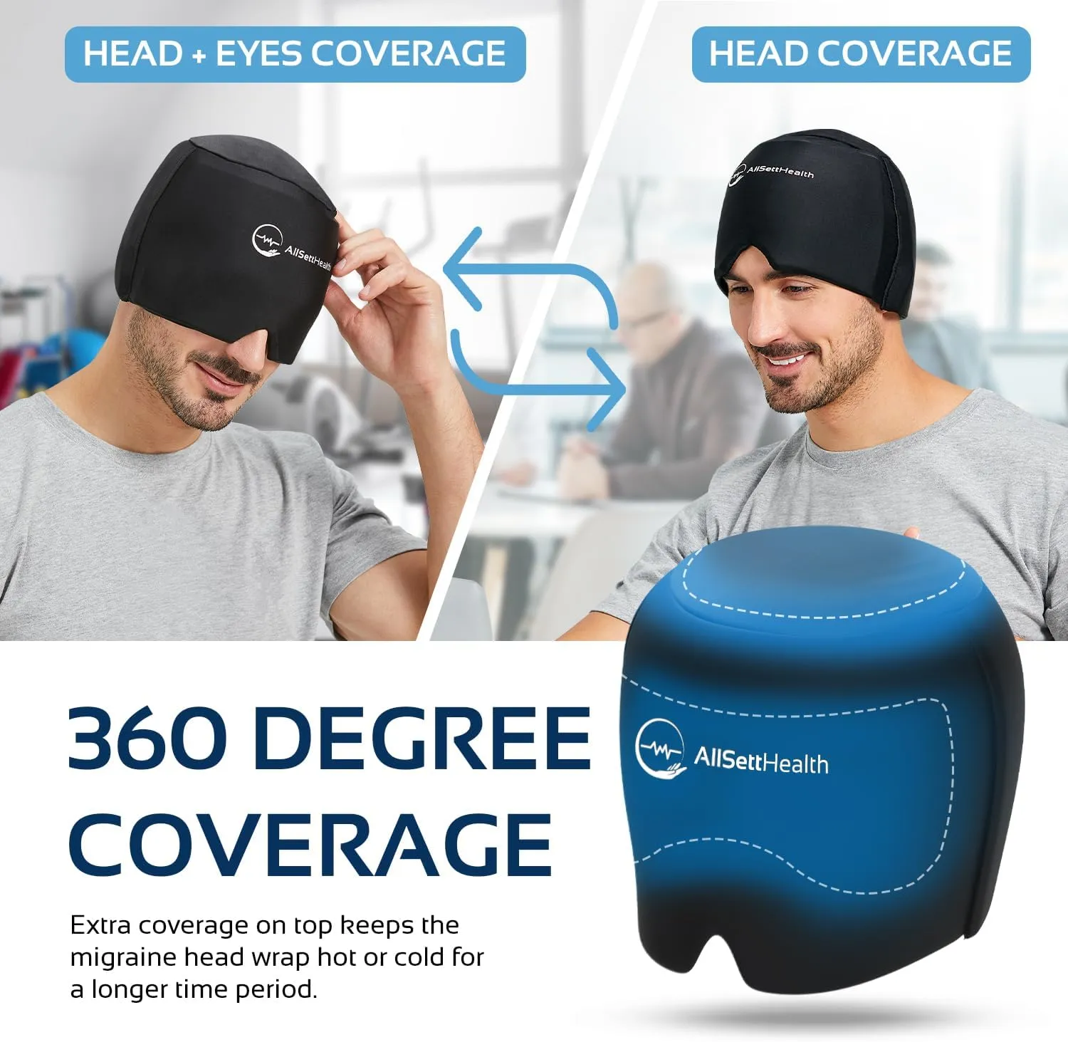 Migraine Relief Cap Ice Head Wrap and Hat | Hot/Cold Gel Pack With Face and Eye Mask Compress for Headache Relief - Black - FSA HSA Eligible