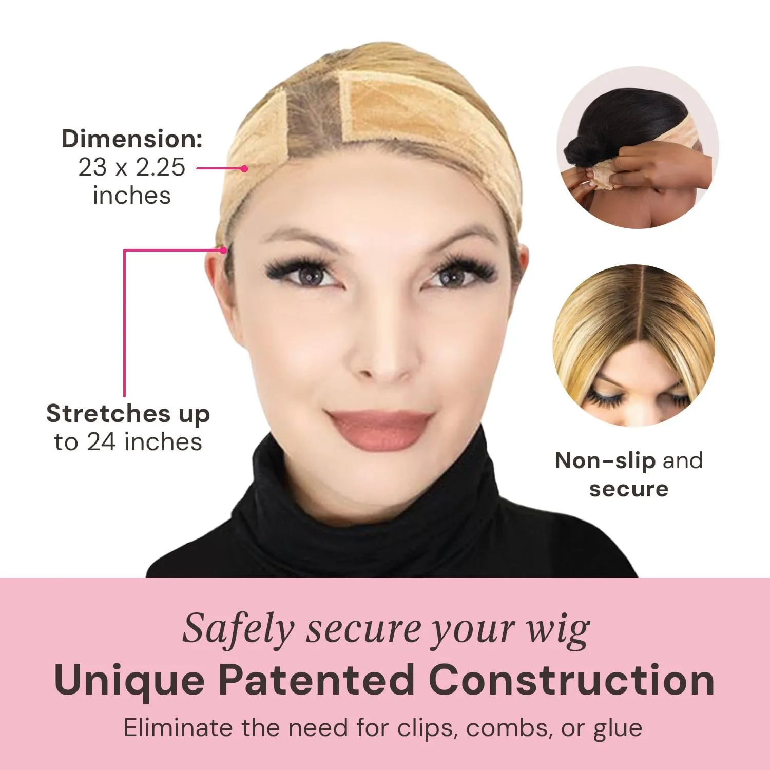 MILANO COLLECTION Wigrip, Premium Lace Wig Band for Women, Fully Adjustable & Reinforced Lace Wig Grip Band by Hairline, Comfortable and Secure Glueless Velvet Headband, Nude, 2 Pack