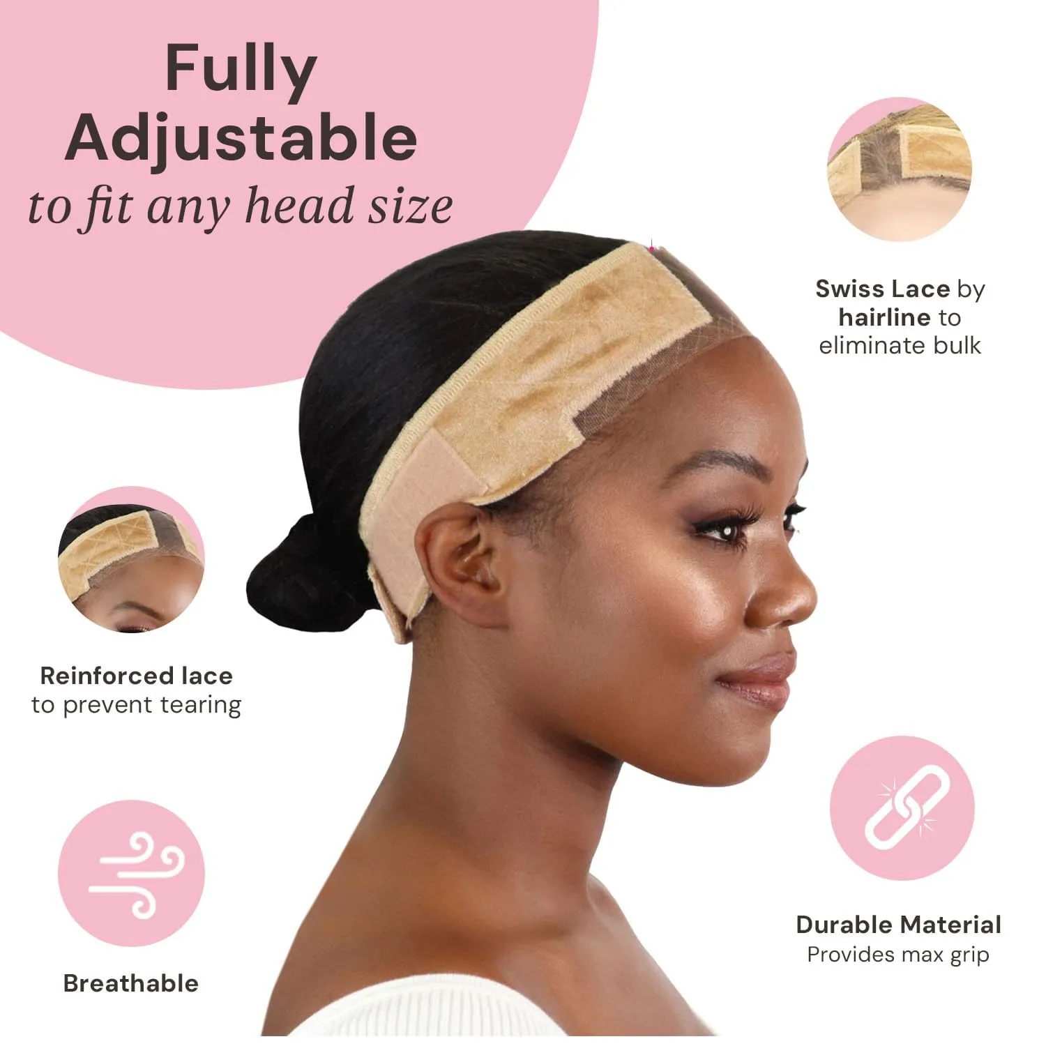 MILANO COLLECTION Wigrip, Premium Lace Wig Band for Women, Fully Adjustable & Reinforced Lace Wig Grip Band by Hairline, Comfortable and Secure Glueless Velvet Headband, Nude, 2 Pack