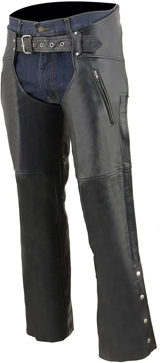 Milwaukee Leather Chaps for Men's Black Leather Dual Side Thigh Zipper Close Pockets Motorcycle Rider Chap- LKM5782