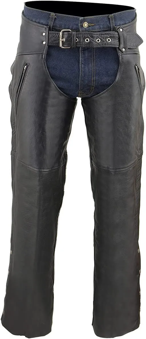Milwaukee Leather Chaps for Men's Black Leather Dual Side Thigh Zipper Close Pockets Motorcycle Rider Chap- LKM5782