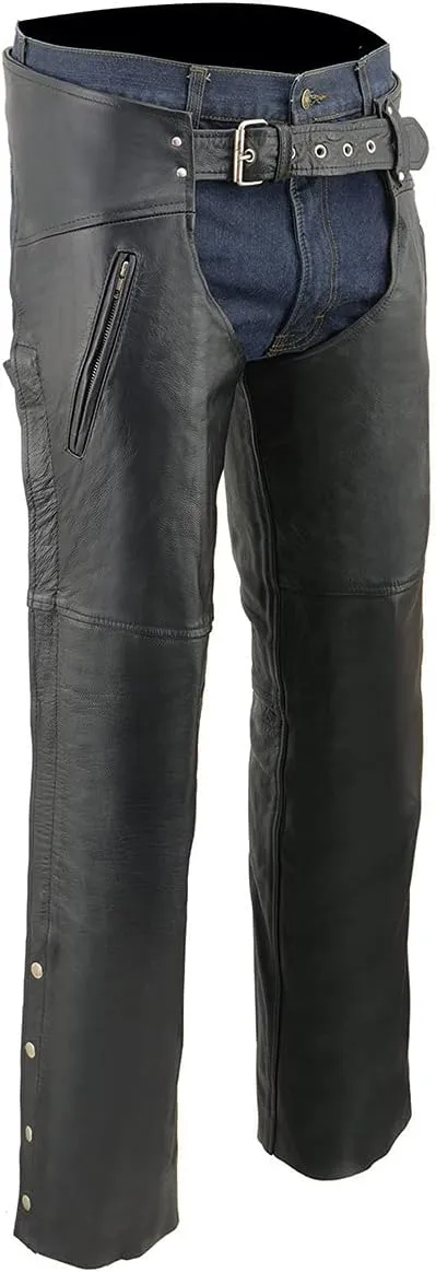 Milwaukee Leather Chaps for Men's Black Leather Dual Side Thigh Zipper Close Pockets Motorcycle Rider Chap- LKM5782