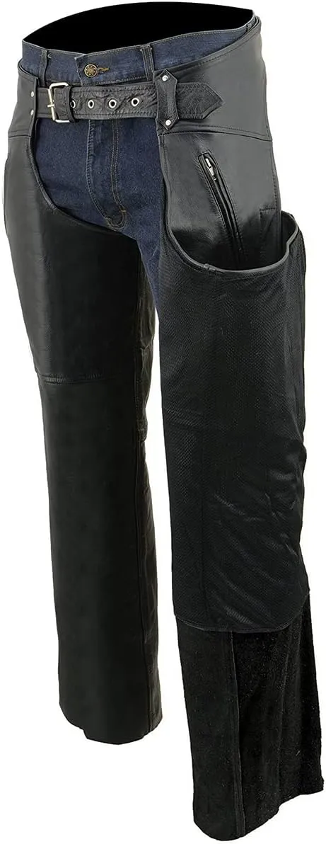 Milwaukee Leather Chaps for Men's Black Leather Dual Side Thigh Zipper Close Pockets Motorcycle Rider Chap- LKM5782