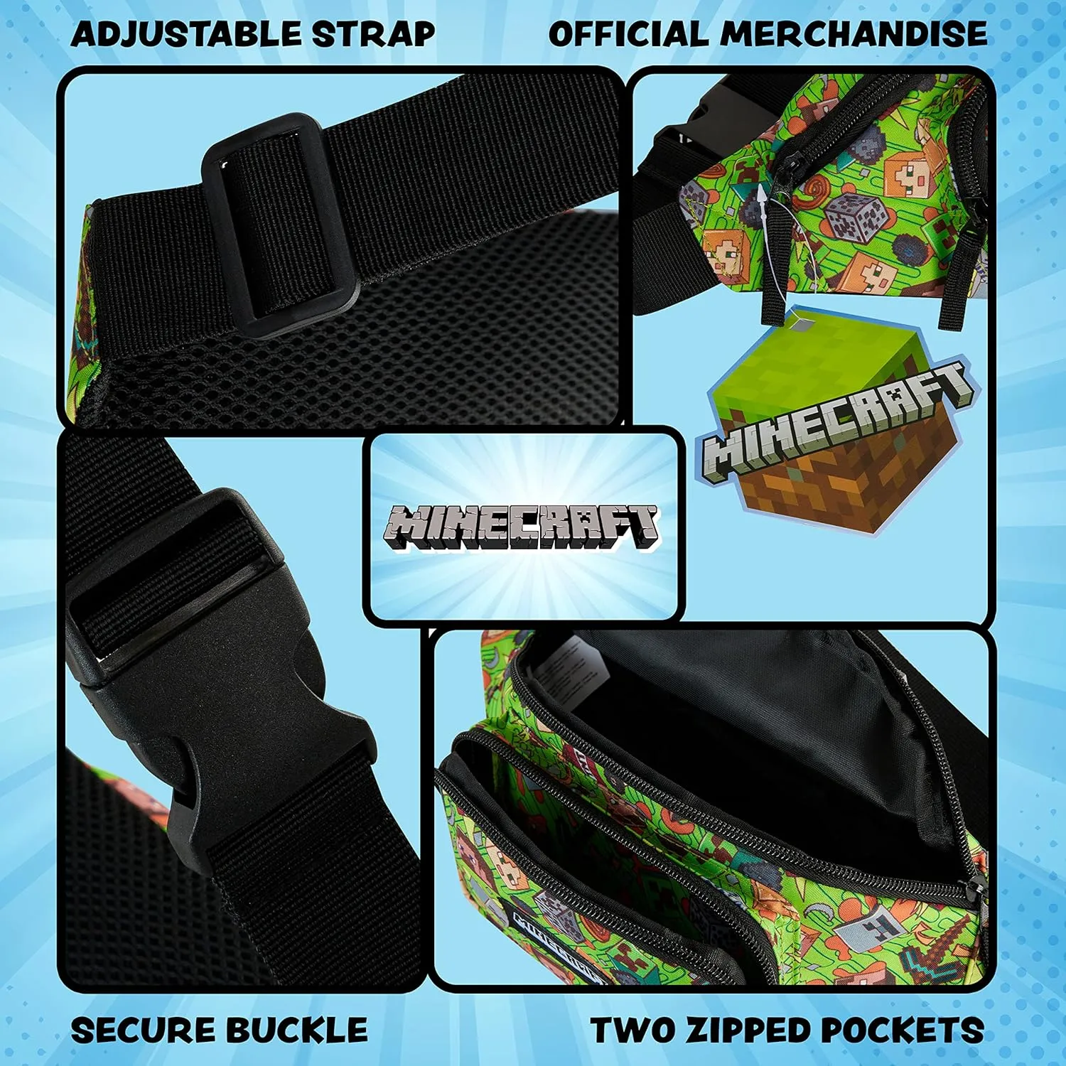 Minecraft Boys Fashion Waist Pack with Adjustable Strap, Creeper Travel Bag - Gamer Gifts (Multi)