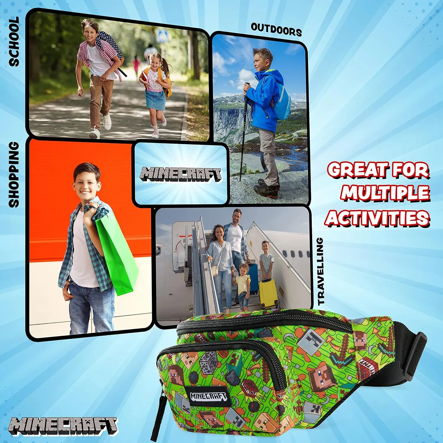 Minecraft Boys Fashion Waist Pack with Adjustable Strap, Creeper Travel Bag - Gamer Gifts (Multi)