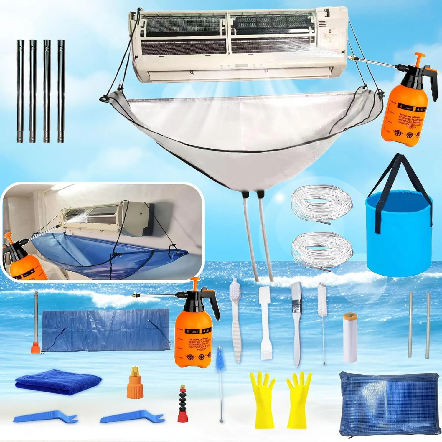 Mini Split Cleaning Bag Kit with Dual Hose Holder,Uniquely Designed mini Split-Type Cleaning System That operates Without Direct Contact with The air Conditioning Unit(27PCS,Small,White)