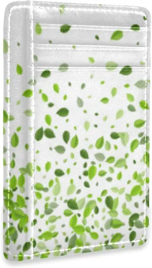 Mint Leaf Tea Leaves Falling Green Leaves Swamp Leaves on White Slim Minimalist Wallet, Case Protector Covers for Men Women, Front Pocket RFID Blocking Leather Credit Card Holder