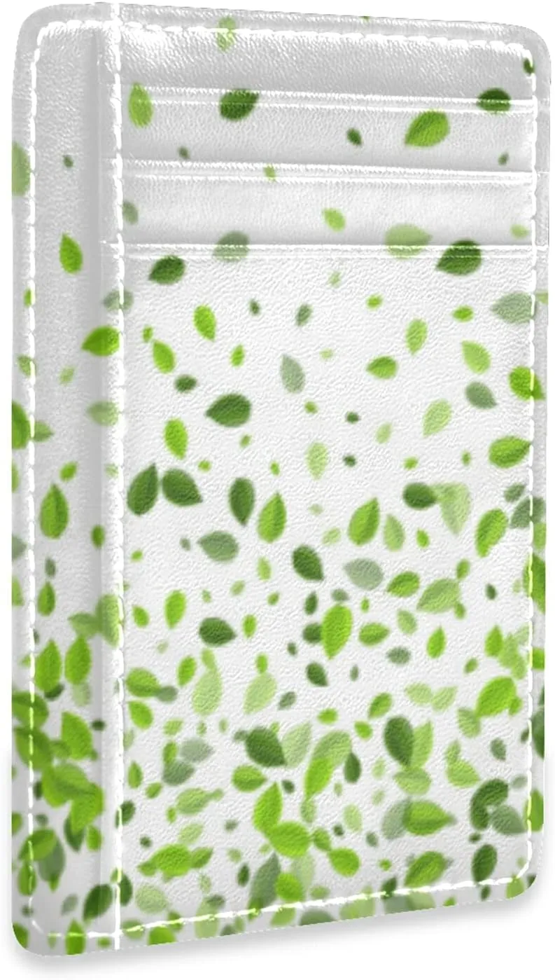 Mint Leaf Tea Leaves Falling Green Leaves Swamp Leaves on White Slim Minimalist Wallet, Case Protector Covers for Men Women, Front Pocket RFID Blocking Leather Credit Card Holder