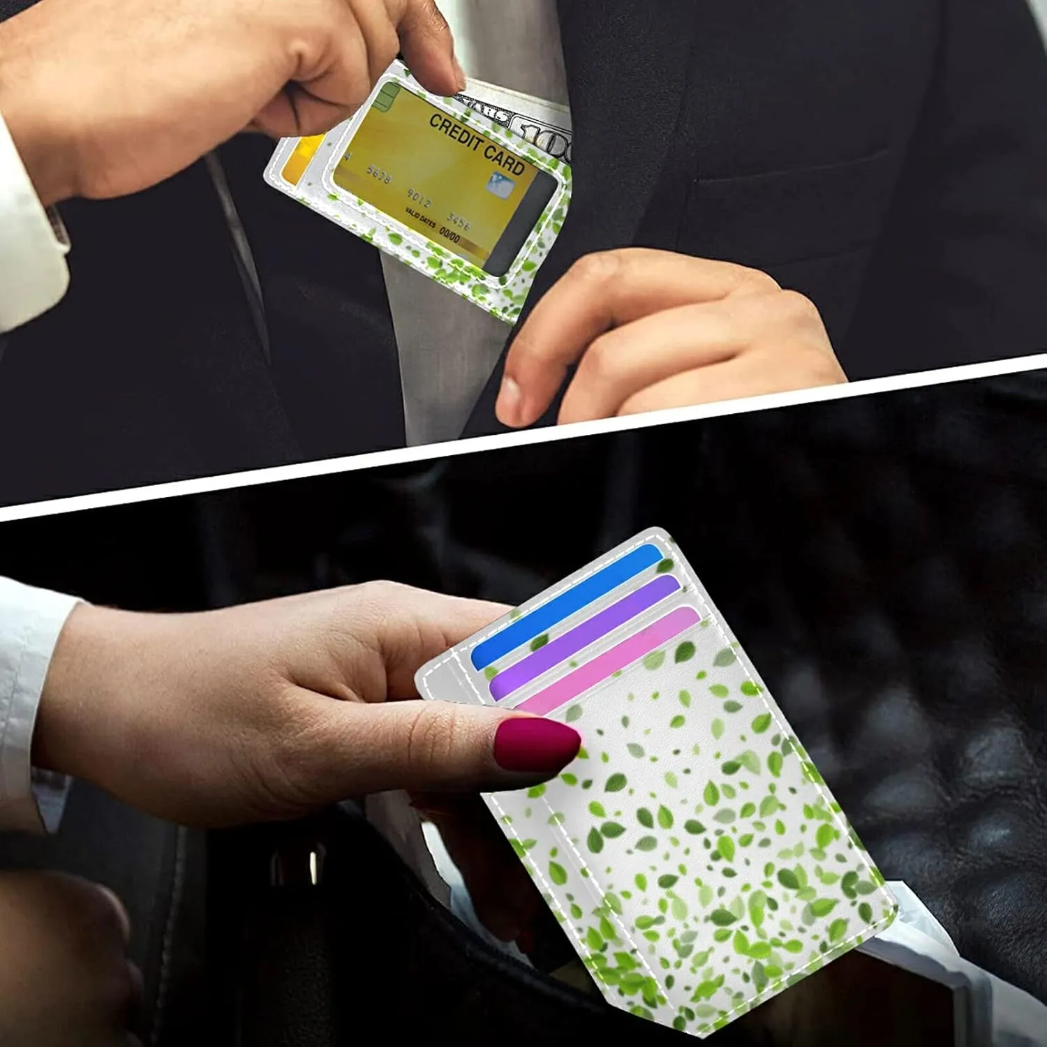 Mint Leaf Tea Leaves Falling Green Leaves Swamp Leaves on White Slim Minimalist Wallet, Case Protector Covers for Men Women, Front Pocket RFID Blocking Leather Credit Card Holder