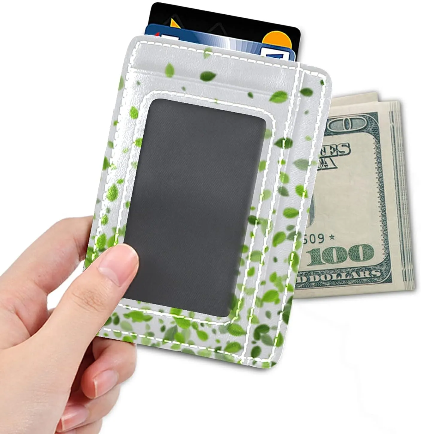 Mint Leaf Tea Leaves Falling Green Leaves Swamp Leaves on White Slim Minimalist Wallet, Case Protector Covers for Men Women, Front Pocket RFID Blocking Leather Credit Card Holder