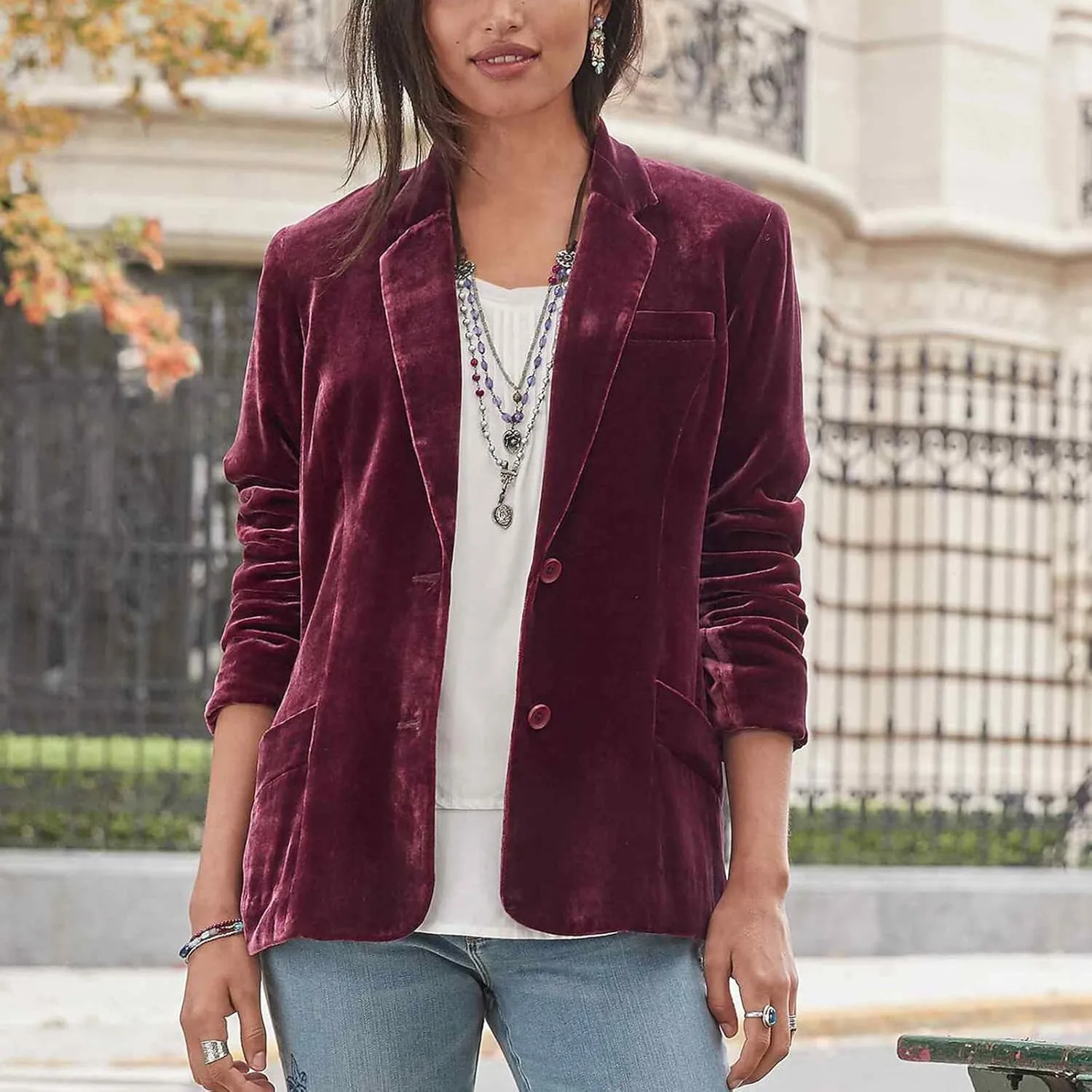 Mintlimit Women's Velvet Blazer Jacket - Long Sleeve V Neck Coat