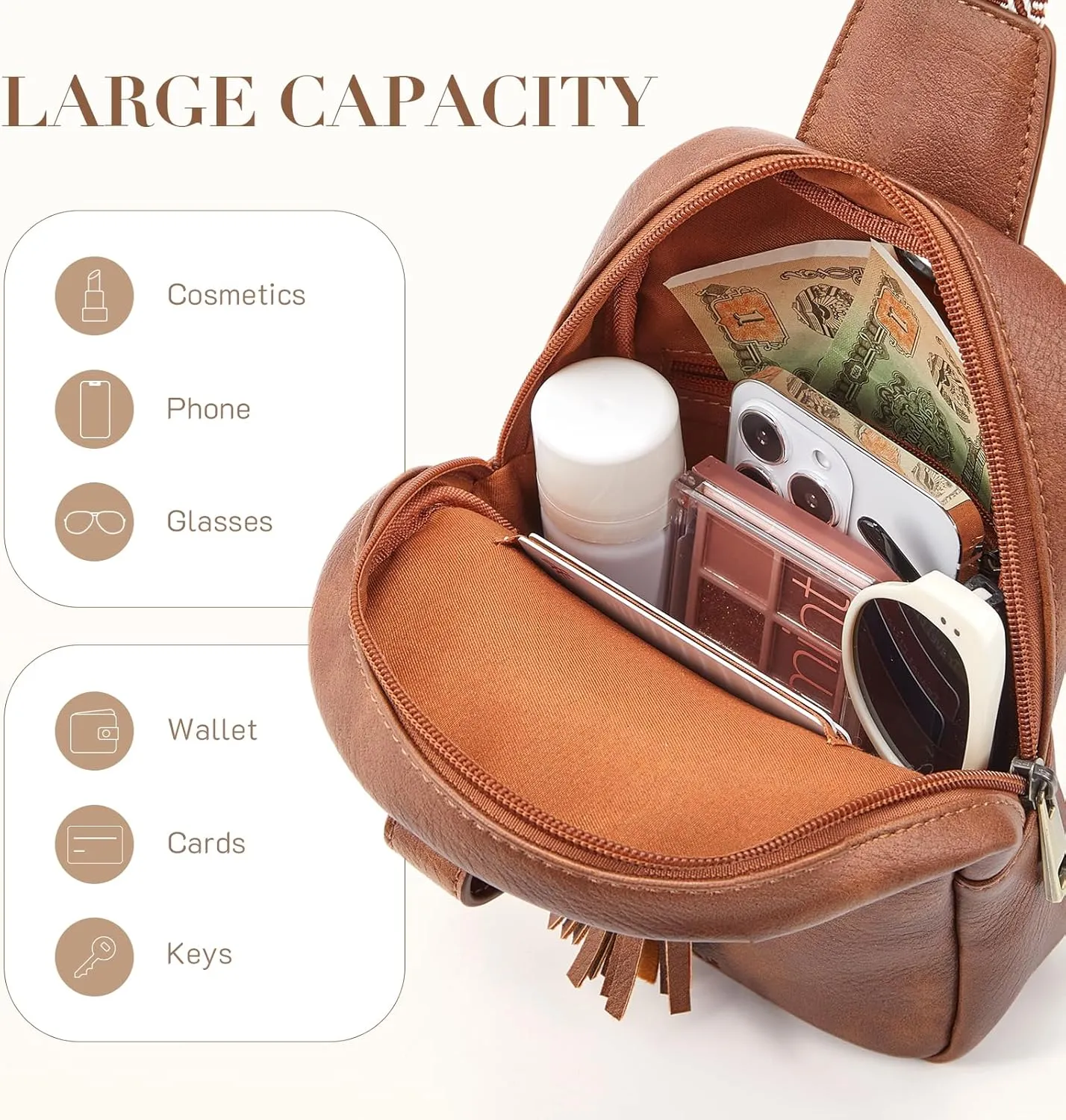 Missnine Small Sling Bag for Women PU Leather Fanny Pack Crossbody Purse Trendy Chest Bag for Travel, Shopping,Daily, Black
