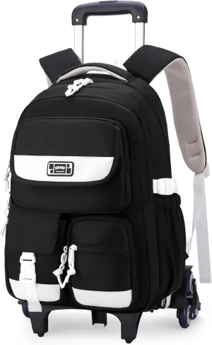 MITOWERMI Kids Rolling Backpack Carry On Luggage Solid-color Girls Backpack with Wheels Boys Trolley Bag Wheeled Backpack for School Black-6 wheels