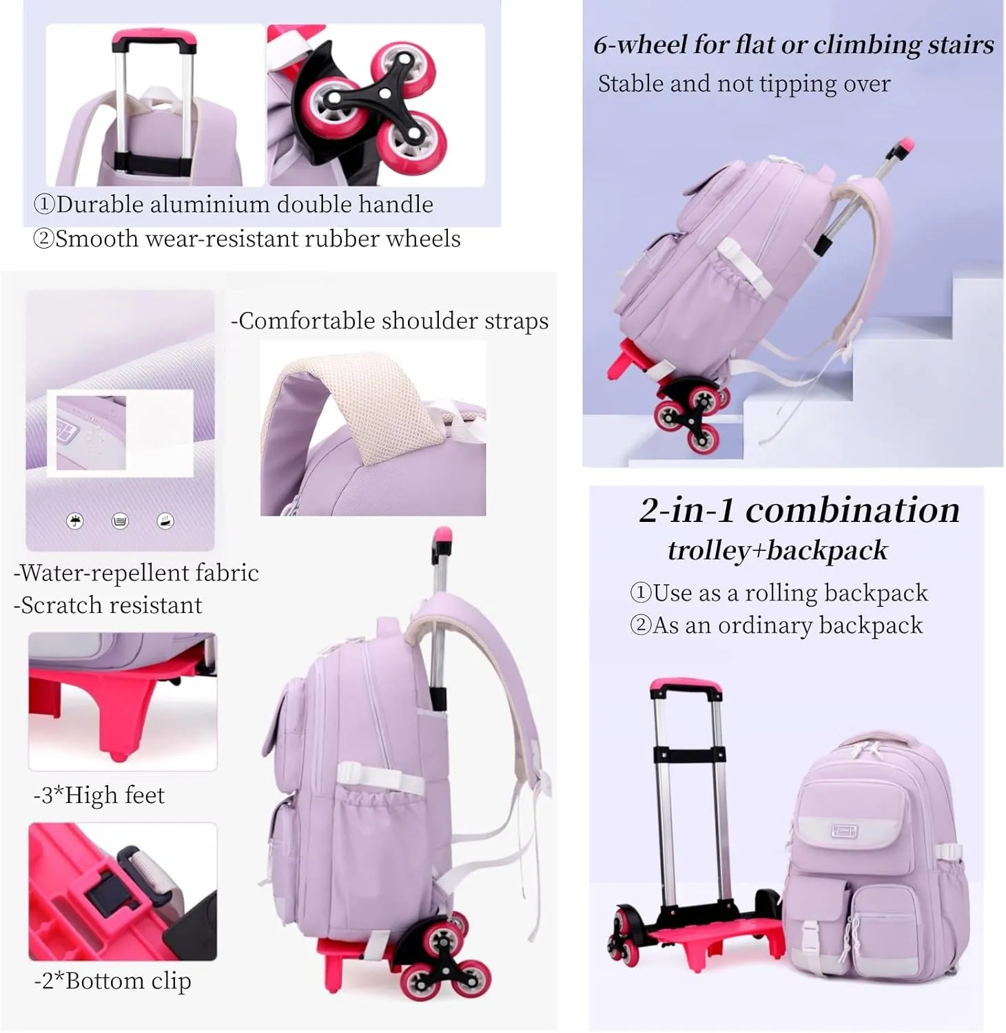 MITOWERMI Kids Rolling Backpack Carry On Luggage Solid-color Girls Backpack with Wheels Boys Trolley Bag Wheeled Backpack for School Black-6 wheels