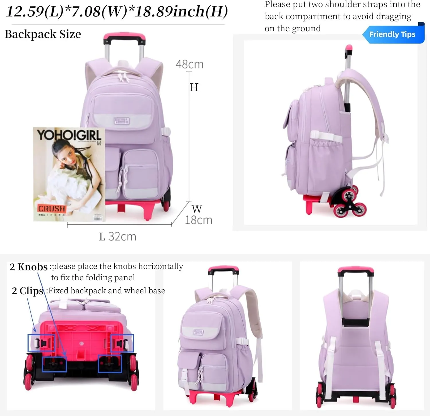 MITOWERMI Kids Rolling Backpack Carry On Luggage Solid-color Girls Backpack with Wheels Boys Trolley Bag Wheeled Backpack for School Black-6 wheels