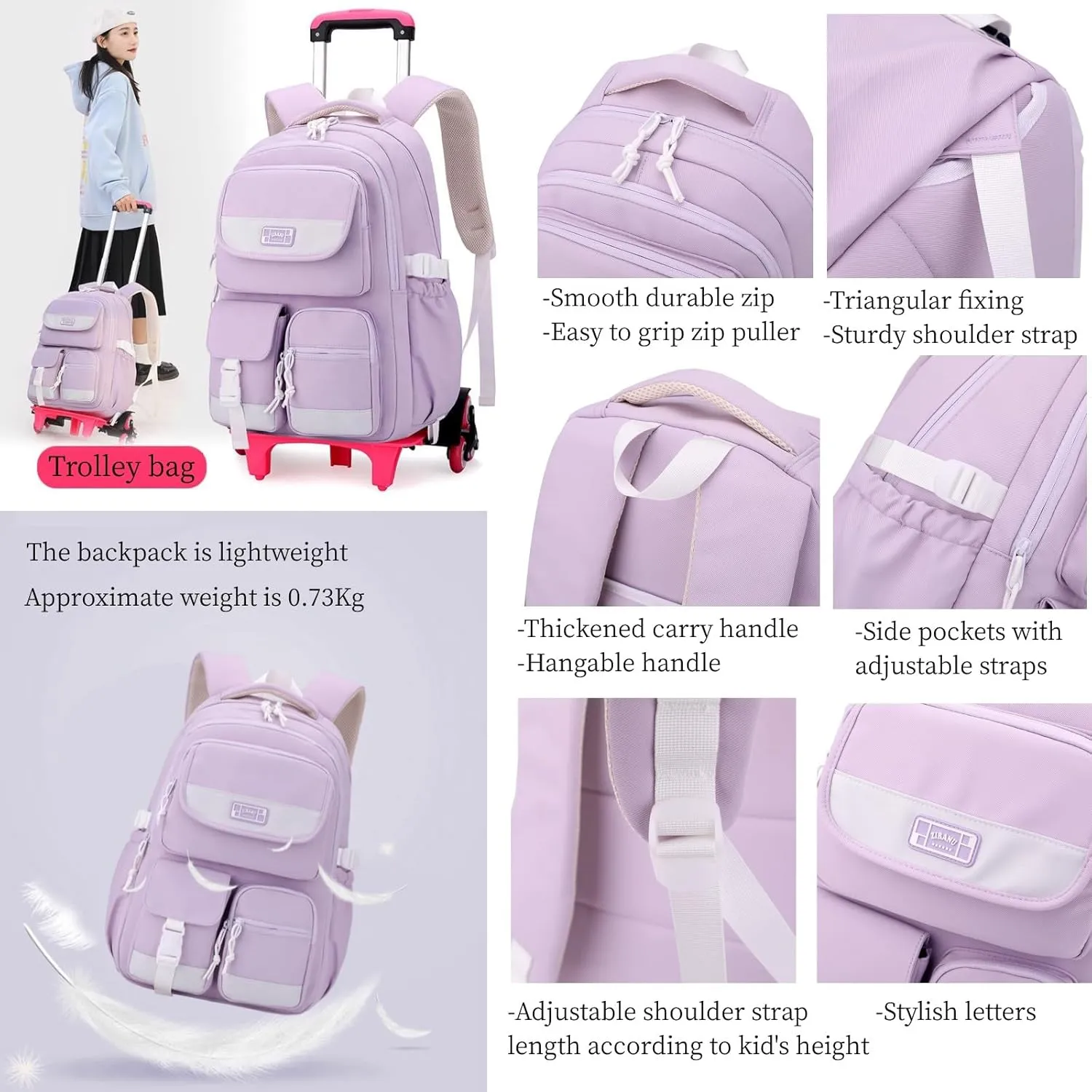 MITOWERMI Kids Rolling Backpack Carry On Luggage Solid-color Girls Backpack with Wheels Boys Trolley Bag Wheeled Backpack for School Black-6 wheels
