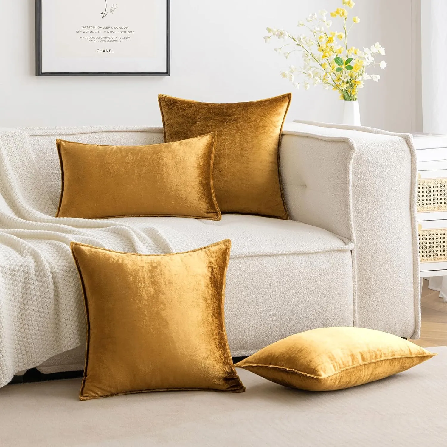 MIULEE Pack of 2 Dark Gold Decorative Velvet Throw Pillow Cover Soft Pillowcase Solid Square Cushion Case for Sofa Bedroom Car 20x20 Inch 50x50 cm