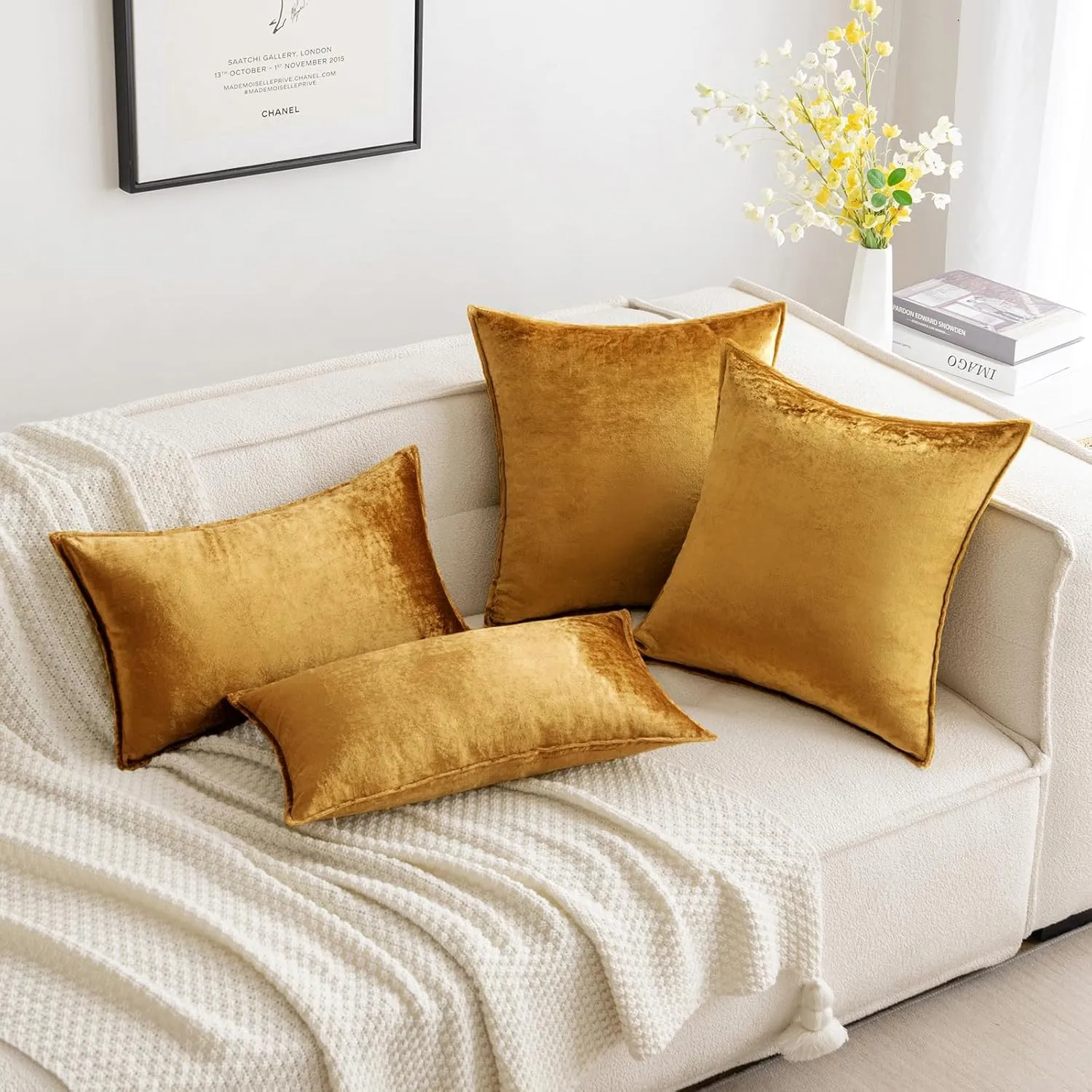 MIULEE Pack of 2 Dark Gold Decorative Velvet Throw Pillow Cover Soft Pillowcase Solid Square Cushion Case for Sofa Bedroom Car 20x20 Inch 50x50 cm