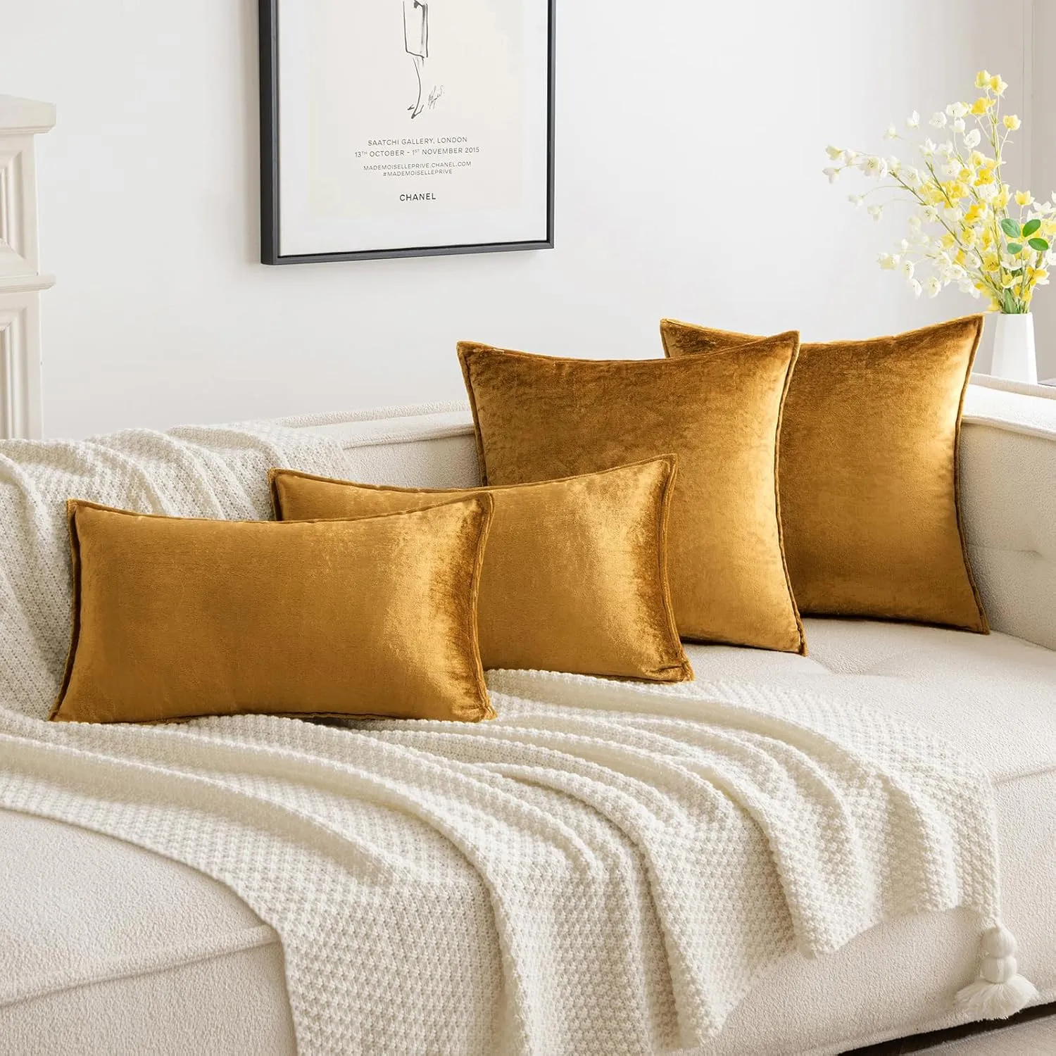 MIULEE Pack of 2 Dark Gold Decorative Velvet Throw Pillow Cover Soft Pillowcase Solid Square Cushion Case for Sofa Bedroom Car 20x20 Inch 50x50 cm