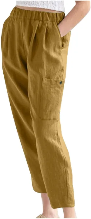 Miyaomn Women's Casual Tapered Cargo Capri Pants Cotton Linen High Elastic Waist Solid Cropped Lounge Trousers with Pockets