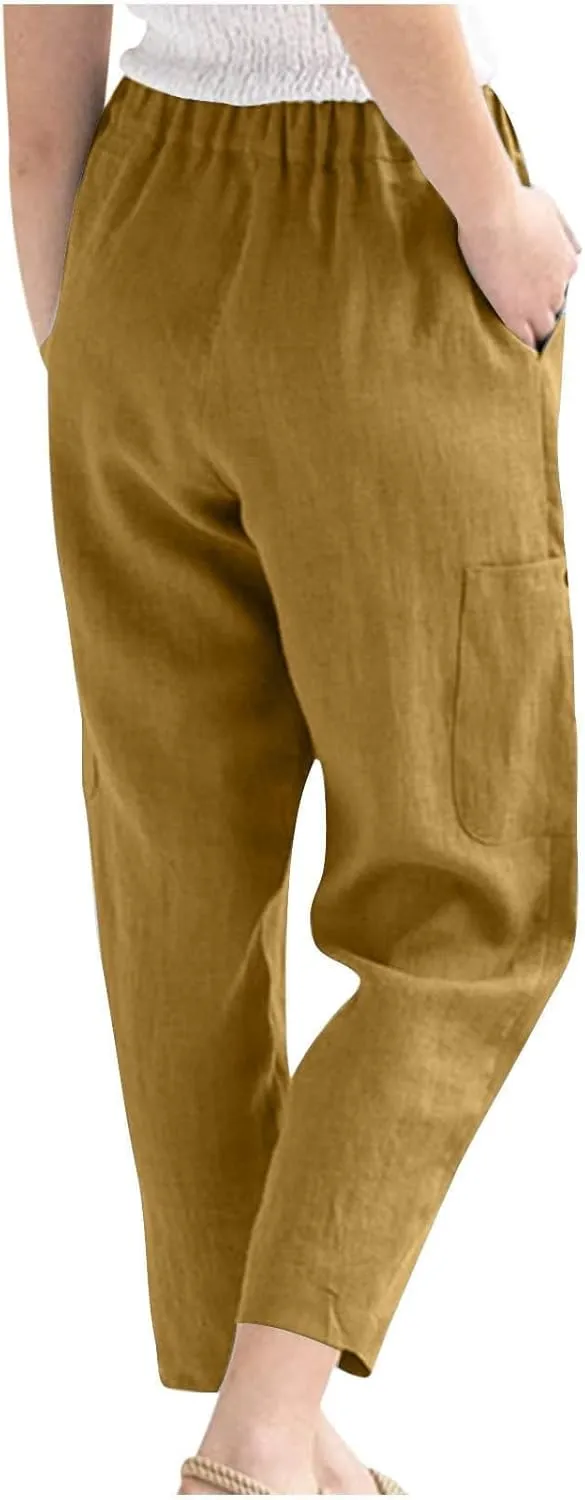 Miyaomn Women's Casual Tapered Cargo Capri Pants Cotton Linen High Elastic Waist Solid Cropped Lounge Trousers with Pockets