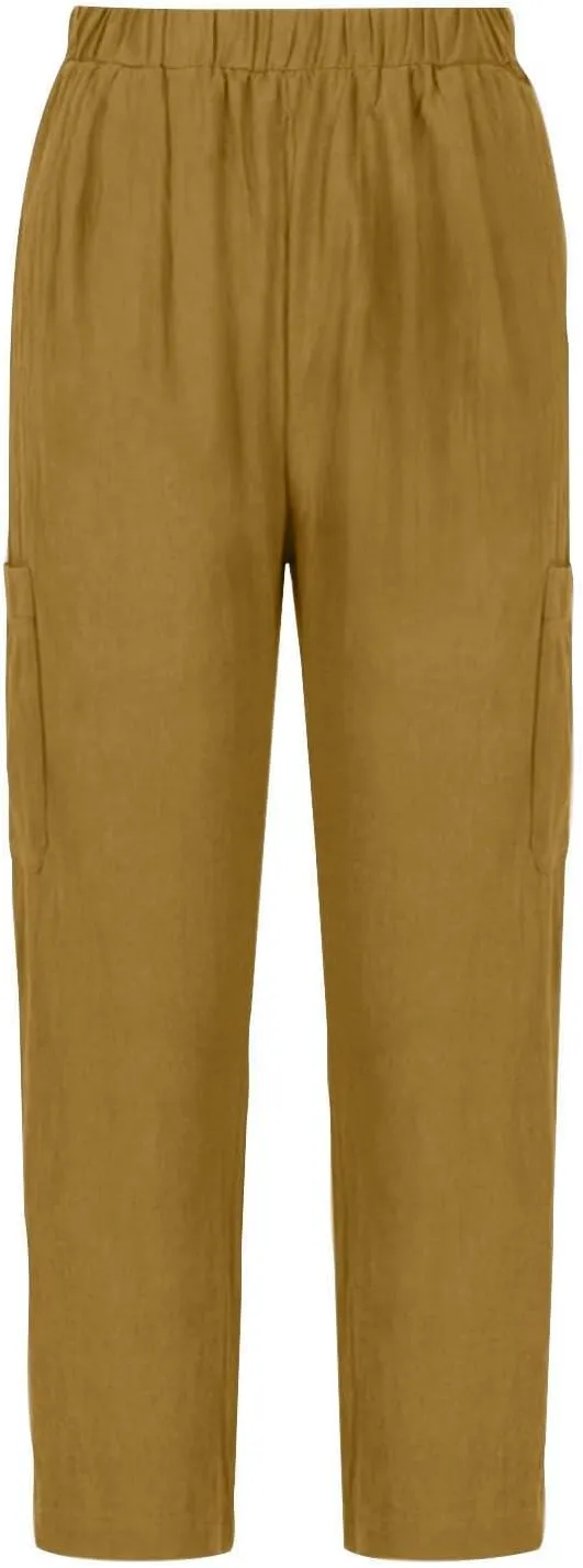 Miyaomn Women's Casual Tapered Cargo Capri Pants Cotton Linen High Elastic Waist Solid Cropped Lounge Trousers with Pockets