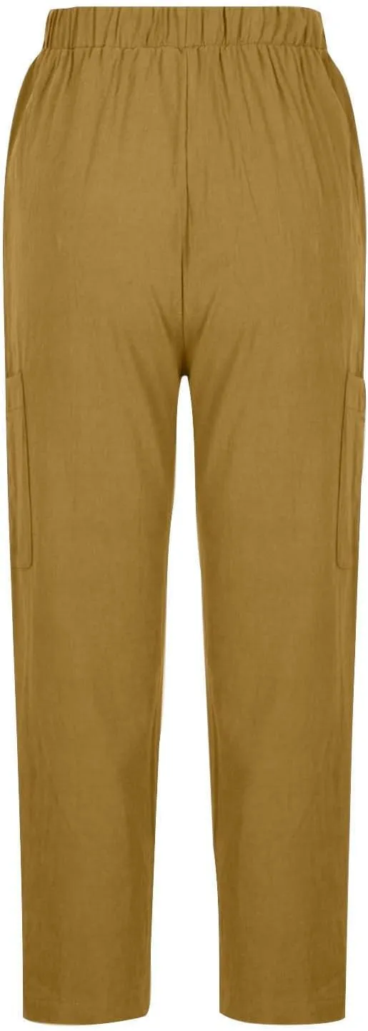 Miyaomn Women's Casual Tapered Cargo Capri Pants Cotton Linen High Elastic Waist Solid Cropped Lounge Trousers with Pockets