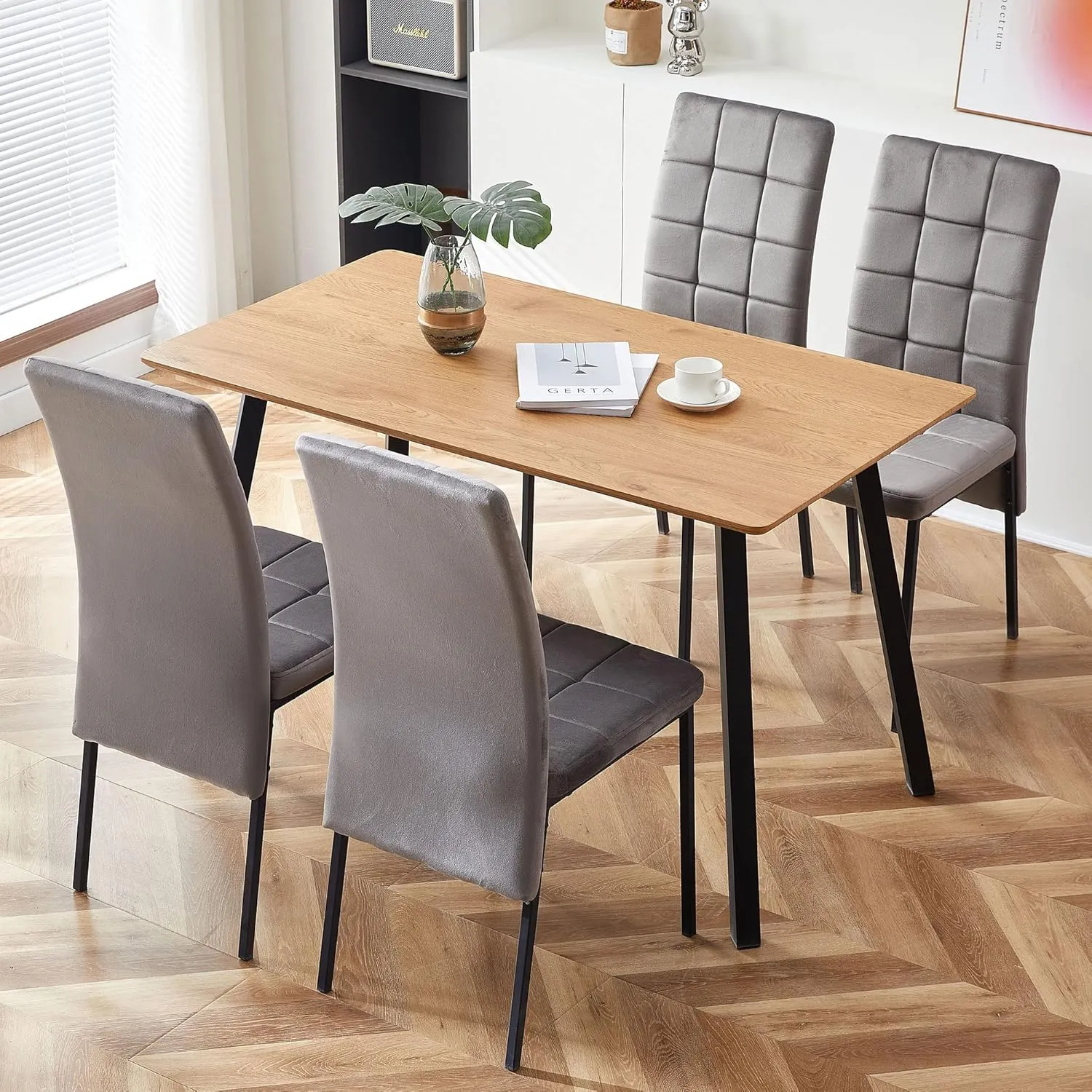 Modern Dining Chair Set of 4, Elegant Velvet Living Room Chair High Back Armless Reading Chair Ergonomic Design, Grey Home Chair Upholstered with Black Metal Legs for Home,Kitchen