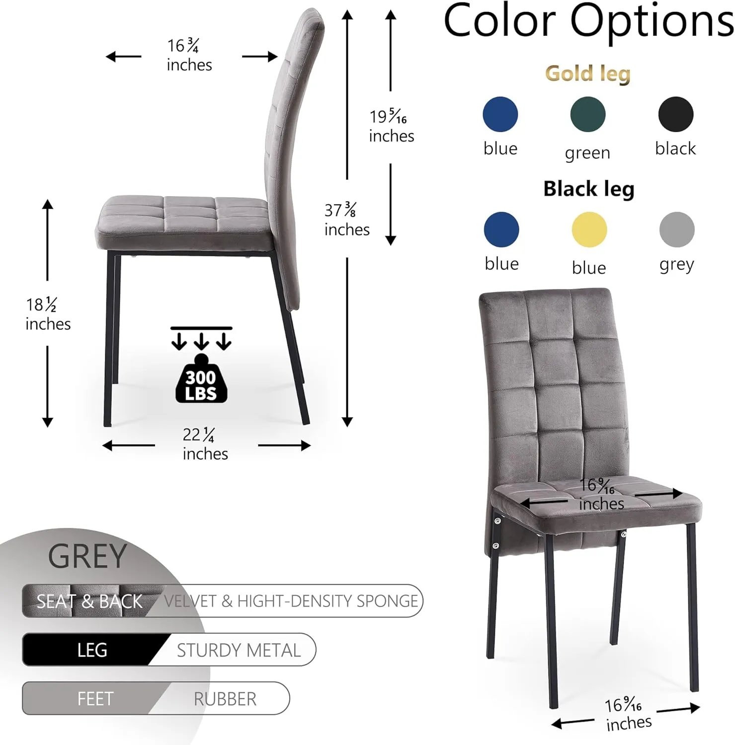 Modern Dining Chair Set of 4, Elegant Velvet Living Room Chair High Back Armless Reading Chair Ergonomic Design, Grey Home Chair Upholstered with Black Metal Legs for Home,Kitchen