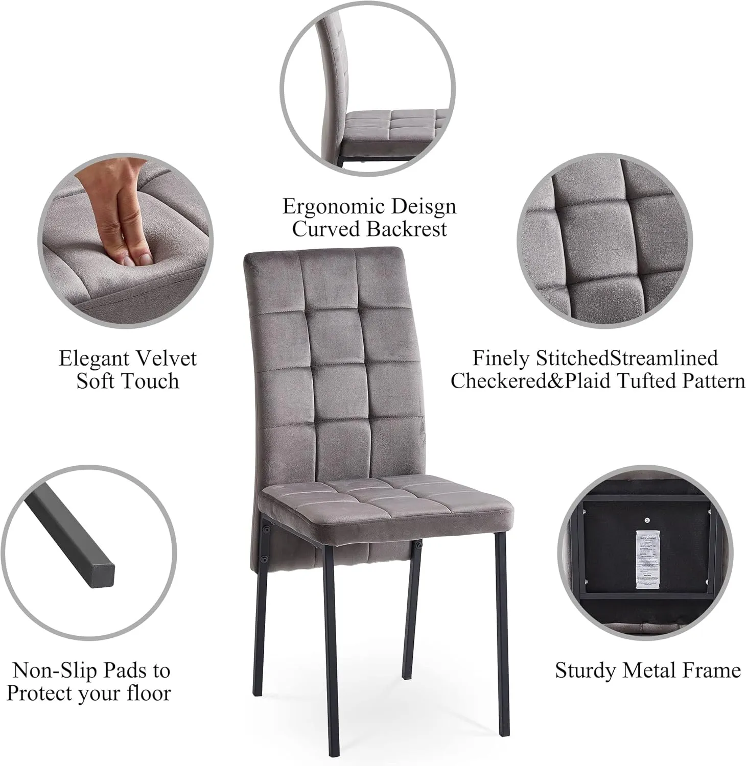 Modern Dining Chair Set of 4, Elegant Velvet Living Room Chair High Back Armless Reading Chair Ergonomic Design, Grey Home Chair Upholstered with Black Metal Legs for Home,Kitchen