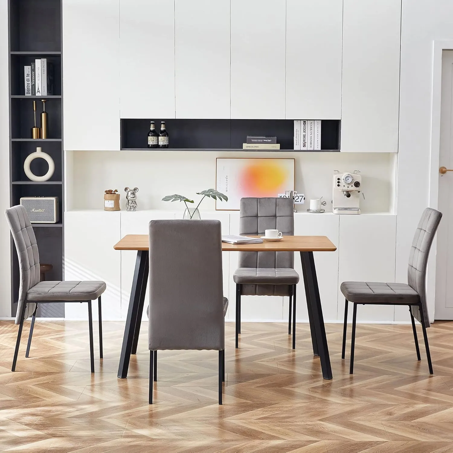 Modern Dining Chair Set of 4, Elegant Velvet Living Room Chair High Back Armless Reading Chair Ergonomic Design, Grey Home Chair Upholstered with Black Metal Legs for Home,Kitchen