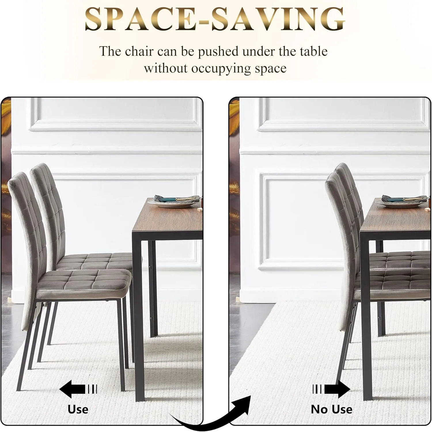 Modern Dining Chair Set of 4, Elegant Velvet Living Room Chair High Back Armless Reading Chair Ergonomic Design, Grey Home Chair Upholstered with Black Metal Legs for Home,Kitchen
