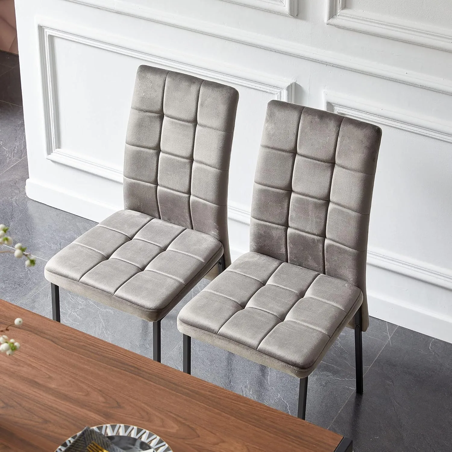 Modern Dining Chair Set of 4, Elegant Velvet Living Room Chair High Back Armless Reading Chair Ergonomic Design, Grey Home Chair Upholstered with Black Metal Legs for Home,Kitchen