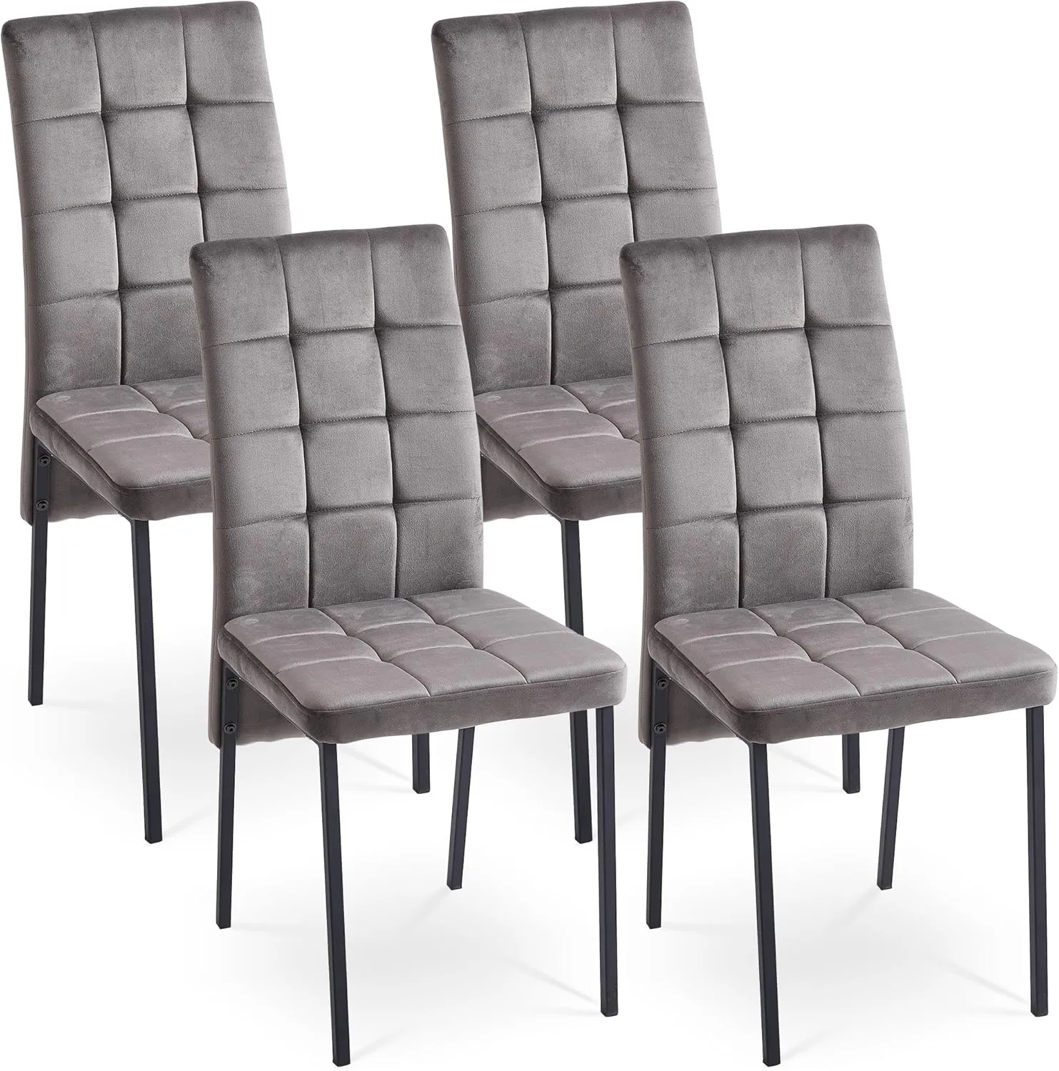Modern Dining Chair Set of 4, Elegant Velvet Living Room Chair High Back Armless Reading Chair Ergonomic Design, Grey Home Chair Upholstered with Black Metal Legs for Home,Kitchen