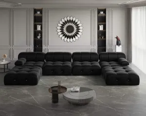 Modern Velvet Sectional Sofa, U Shape Minimalist Modular 6-Seater Couch with 2-Ottomans for Living Room Office Apartment (138in/Black)