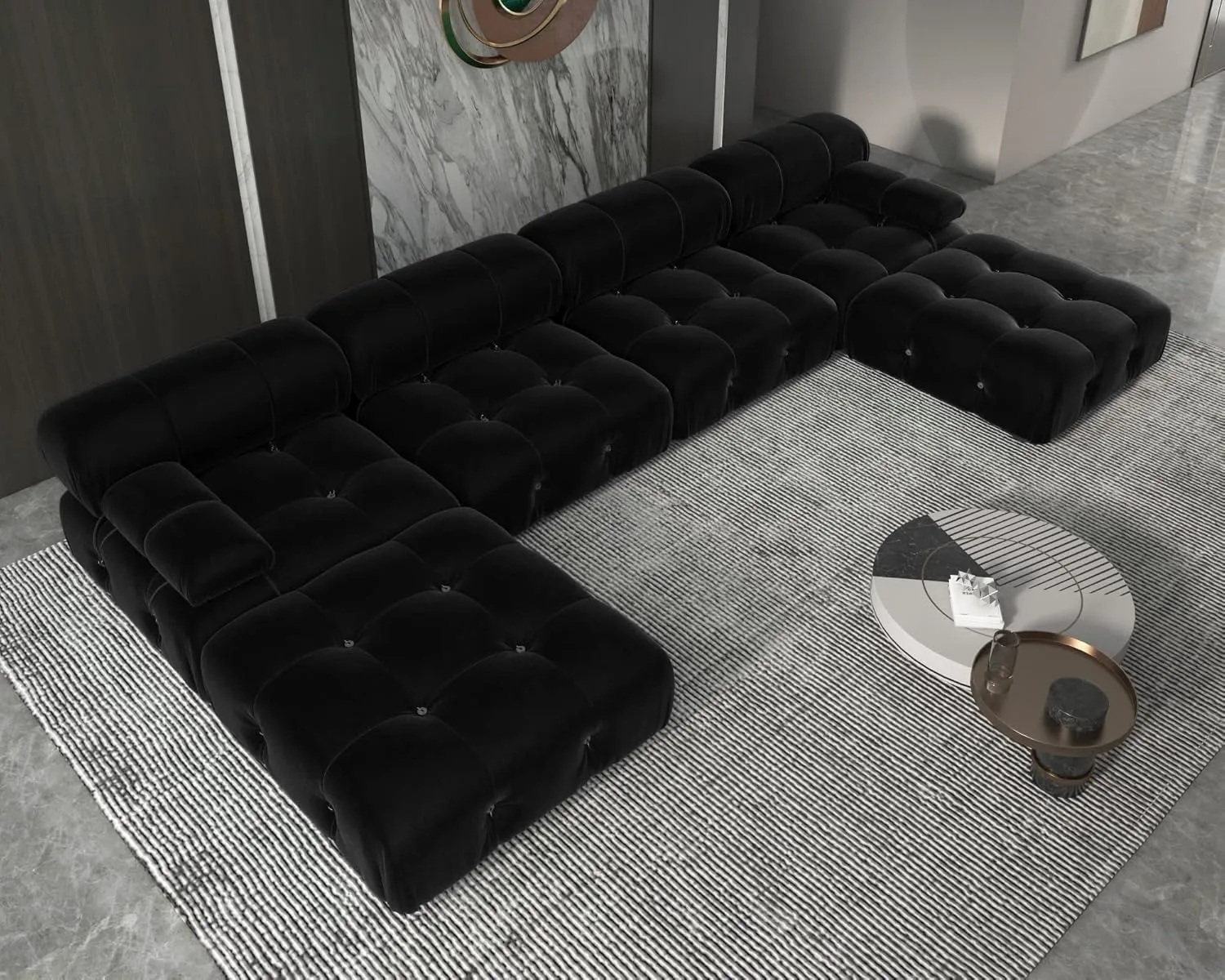 Modern Velvet Sectional Sofa, U Shape Minimalist Modular 6-Seater Couch with 2-Ottomans for Living Room Office Apartment (138in/Black)